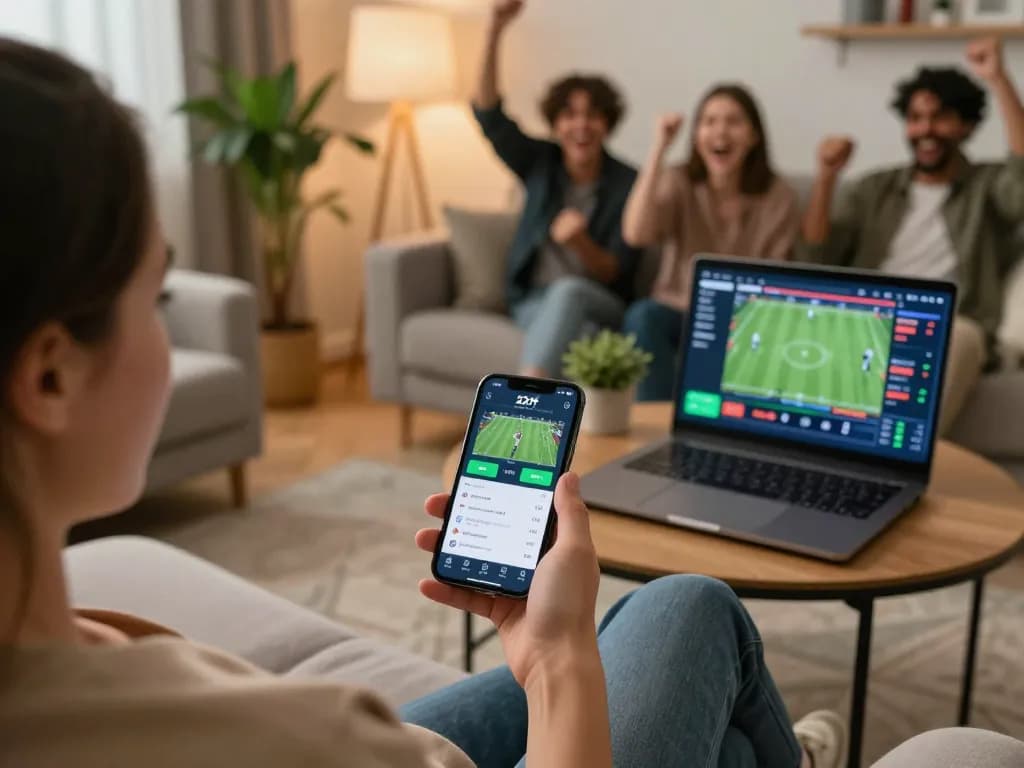A person using the 22ff app for live sports betting on a smartphone in a cozy home setting