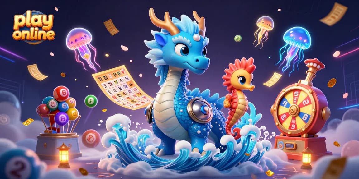 Play online with an azure dragon, seahorse knight, and vibrant gambling elements in a 3D scene.
