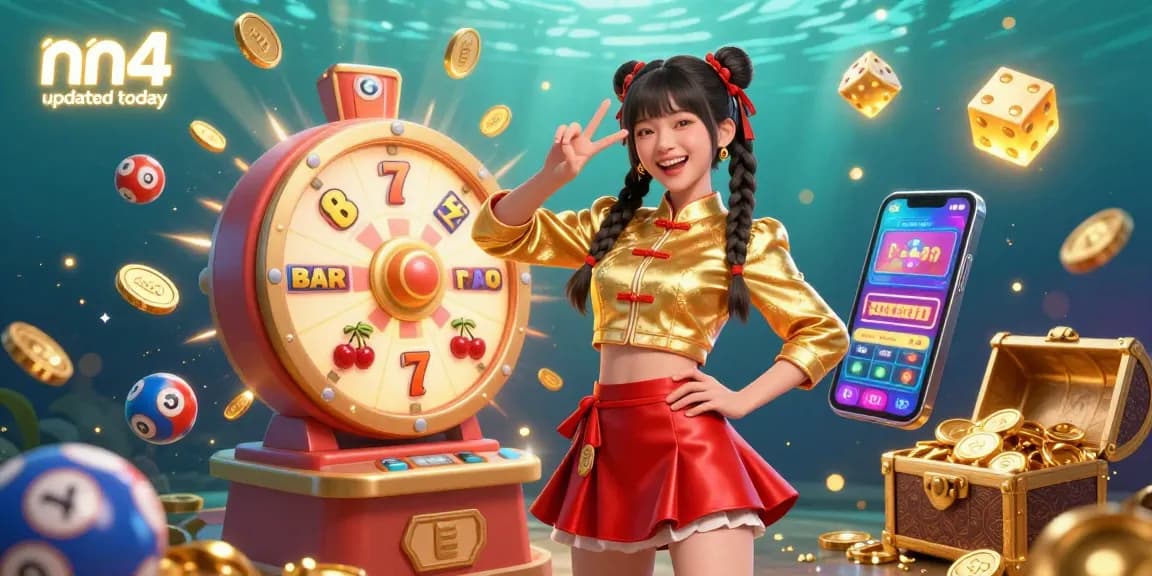 Win big with nn4 updated today featuring a vibrant Asian woman at a 3D casino surrounded by colorful gaming elements.