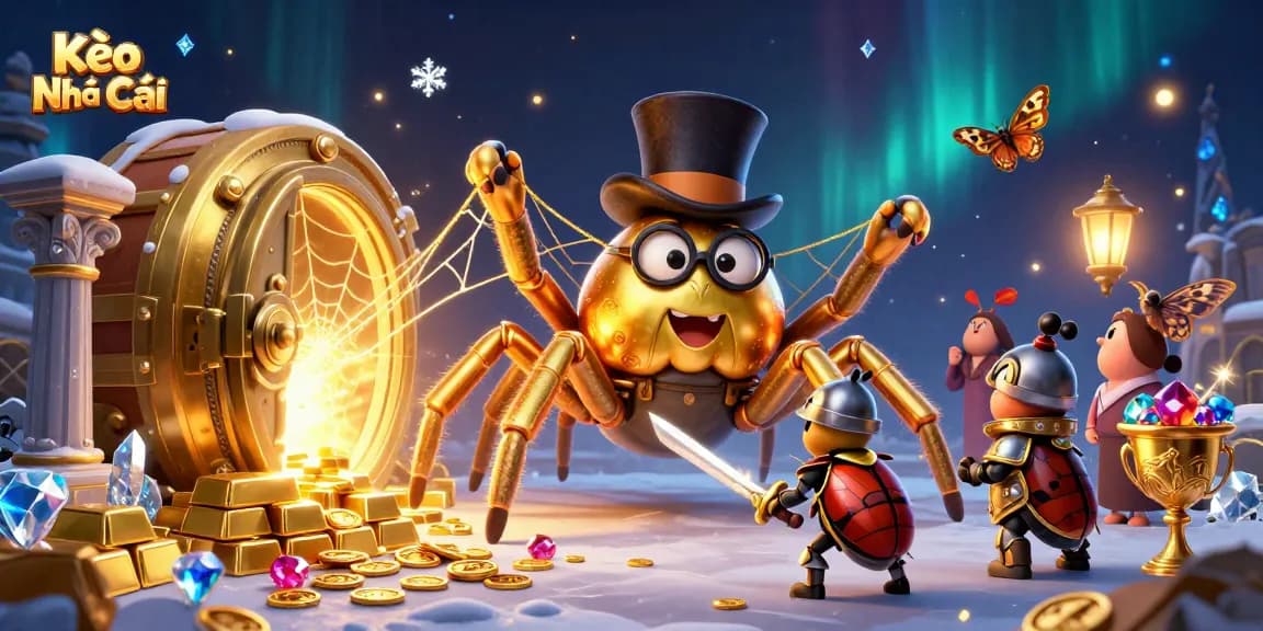 Engaging 3D scene showcasing Kèo Nhà Cái with golden tarantula and beetle knight amidst vibrant casino riches.