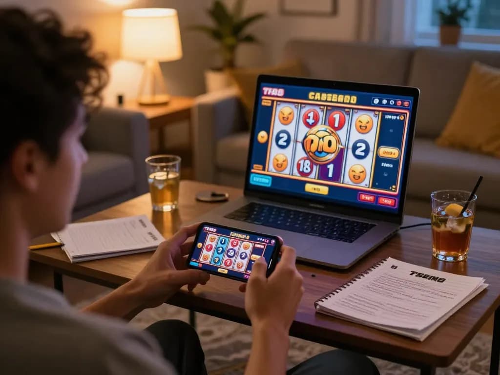 Playing the TR88 casino app on smartphone, featuring spinning slot reels in a cozy home setting.