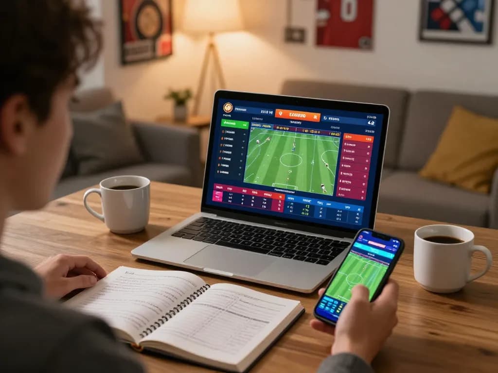 Jogador da AAVIP participando de apostas esportivas online com laptop e smartphone em um ambiente acolhedor em casa.