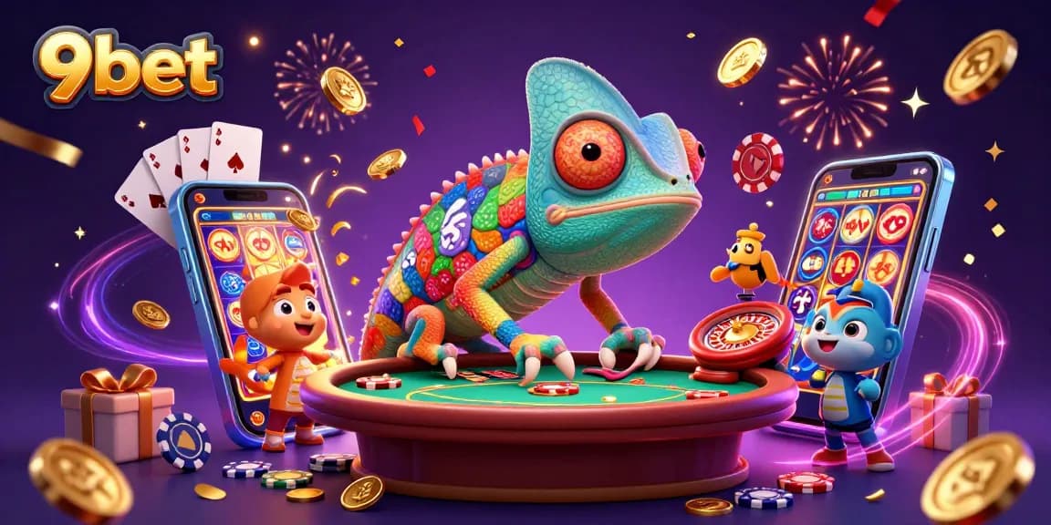 9bet engaging chameleon casino owner capturing golden coins amidst confetti and slot game excitement.