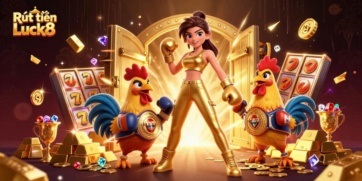 Engage with Rút tiền Luck8 in this vibrant casino-themed illustration showcasing dynamic slot reels and gold treasures.