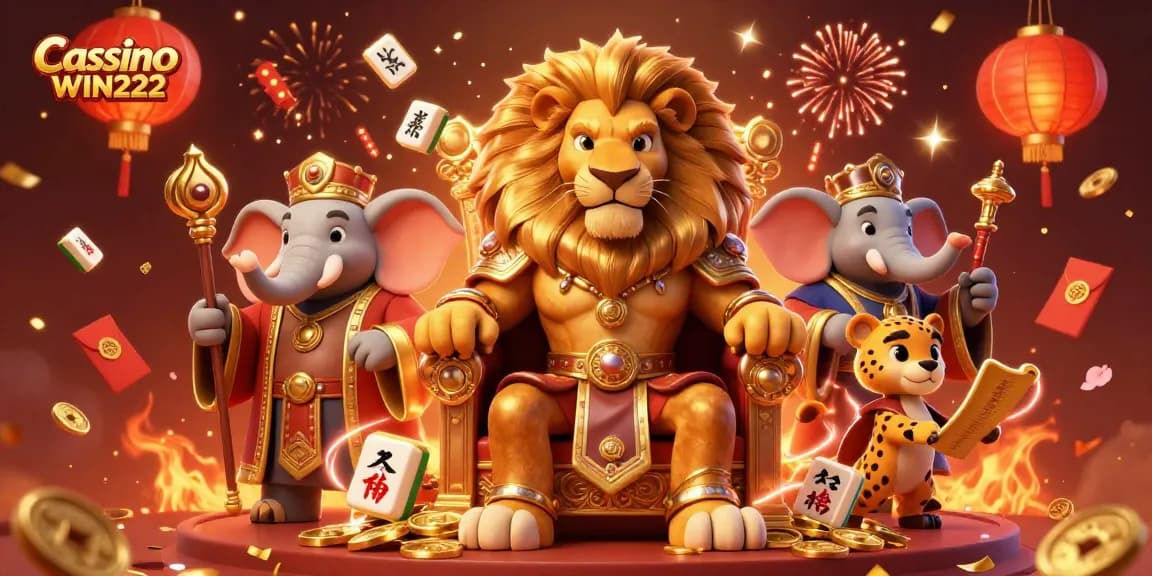 Experience the excitement of Cassino WIN222 with a majestic lion king and vibrant gaming elements.