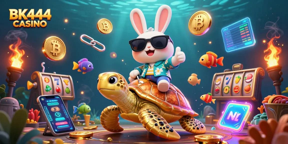 Experience the excitement of BK444 CASINO with a vibrant underwater scene featuring a lucky rabbit and golden turtle.