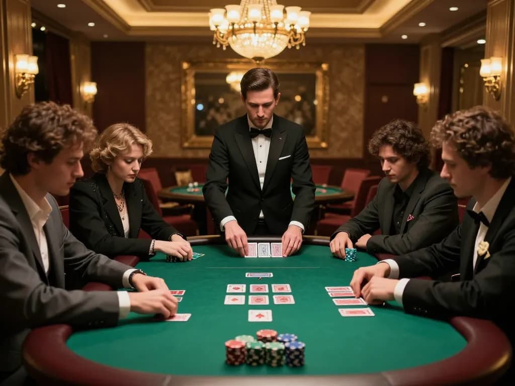Engaging poker players strategizing during a game bài đổi thưởng session at an upscale casino.