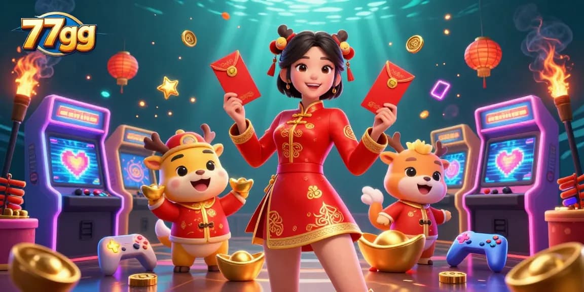 Engage with 77gg's vibrant casino ambiance, featuring festive characters and exciting gaming elements for an exhilarating experience.