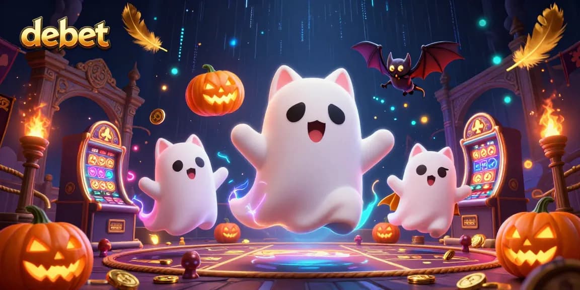 Engage with debet in a haunted casino realm with a ghost cat, bat, and mystical elements.