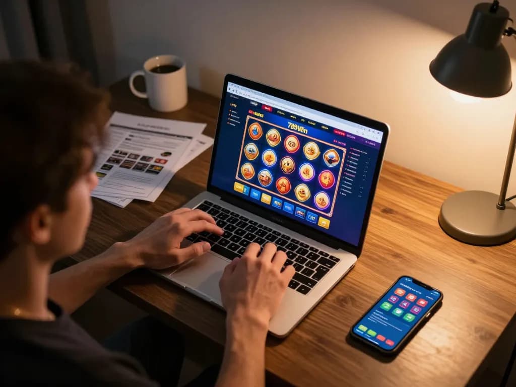 Player engaging with the 789Win online casino interface on a laptop at home, creating a cozy gambling atmosphere