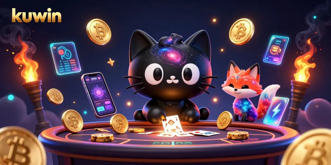 Kuwin engages players at a cosmic casino table, surrounded by vibrant cryptocurrencies and gaming elements.