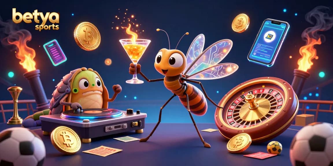 Betya sports offers vibrant illustration of a casino scene featuring unique characters and betting elements.