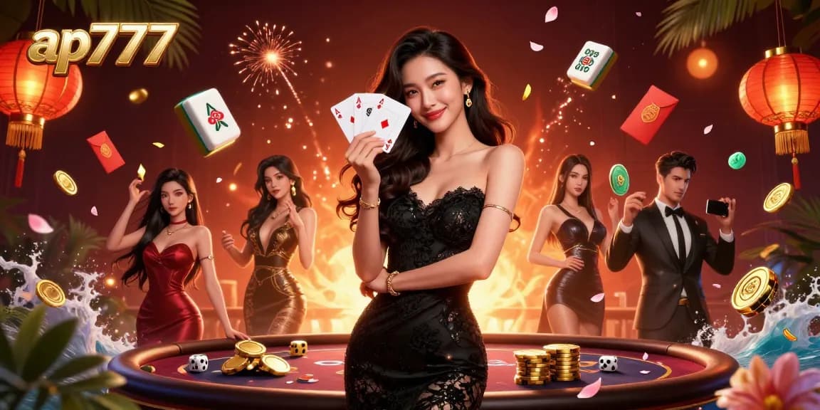 Jogue jogos emocionantes no ap777 com uma mulher asiática estilosa mostrando sua mão vencedora de cartas de pôquer.