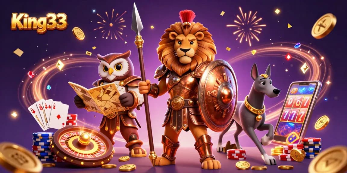 King33 online gambling scene featuring a Spartan lion, owl strategist, and greyhound, surrounded by casino elements.