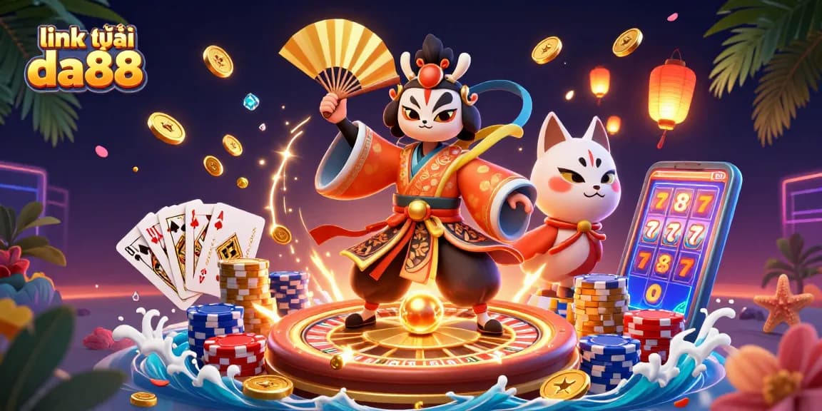 Play exciting games at link vào da88 with a kabuki warrior and vibrant casino elements.