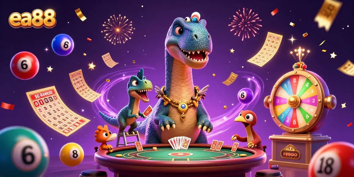 Engage with the dynamic casino scene featuring the ea88 characters, colorful lottery balls, and celebratory effects.