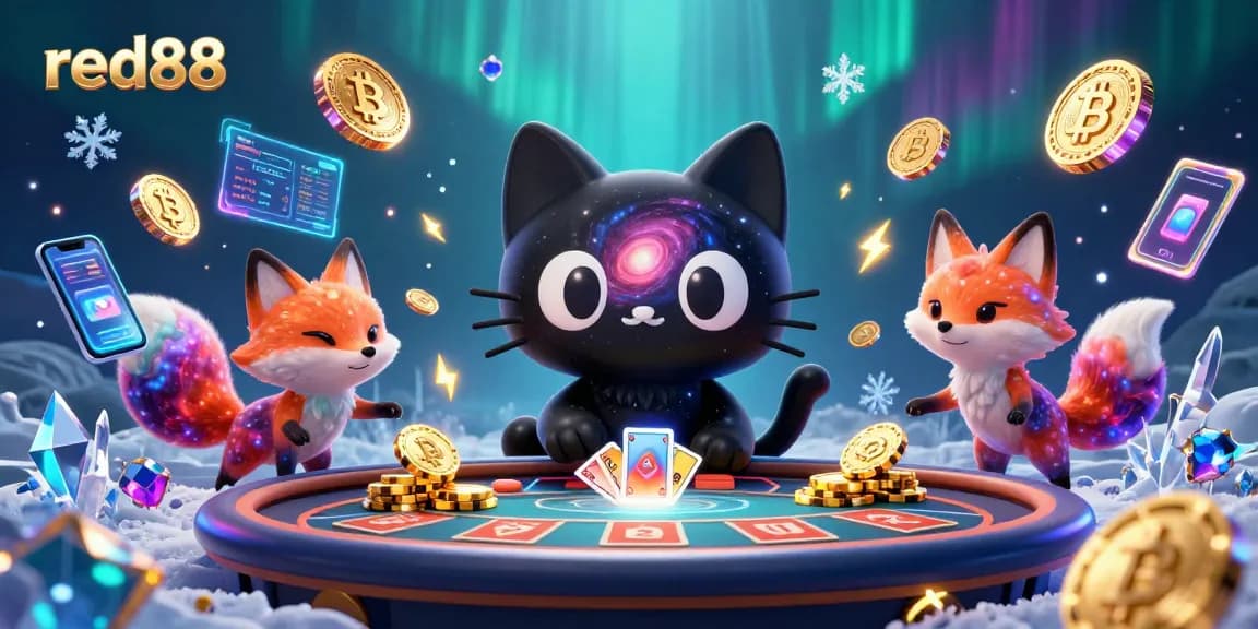 Engage in gaming fun with red88's cosmic casino featuring a black hole cat and vibrant nebula fox.