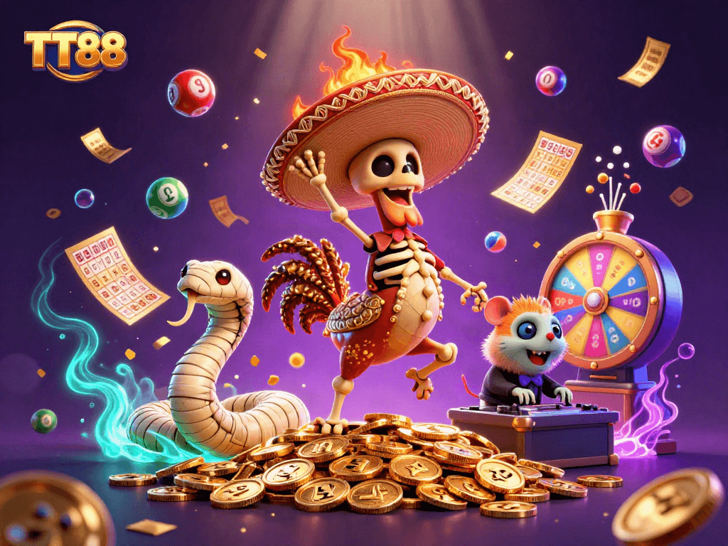 Engage with TT88's vibrant lottery scene featuring a joyful rooster amidst colorful elements.