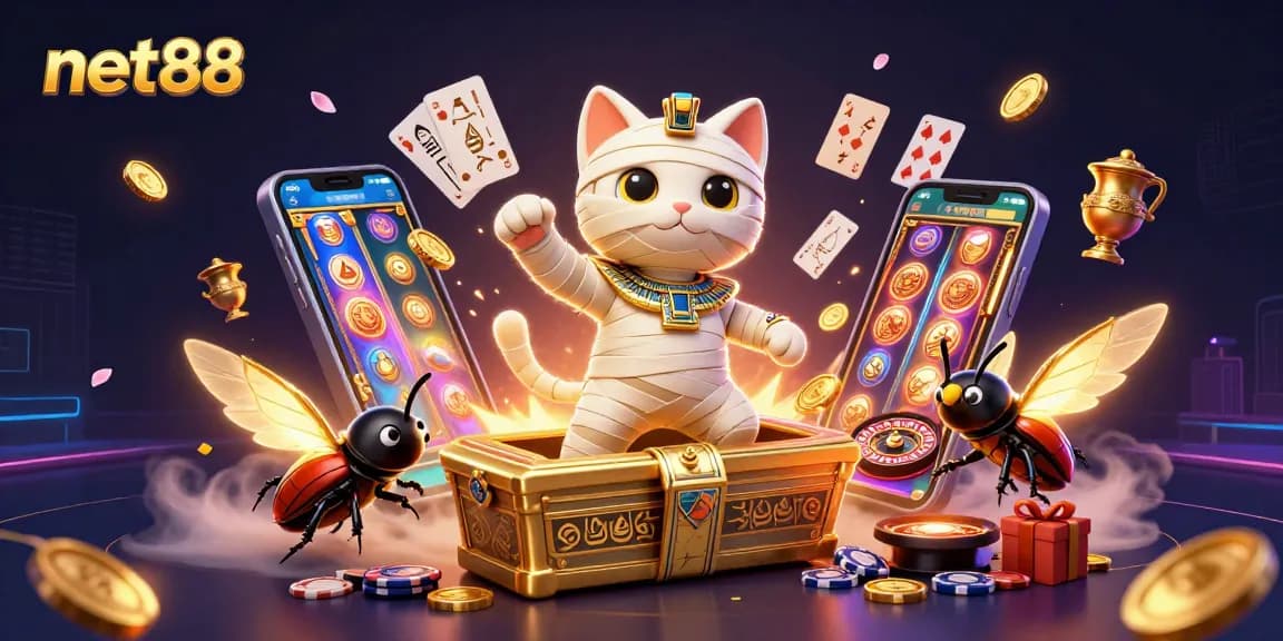 Experience net88 with an Egyptian cat in a vibrant pyramid casino setting.