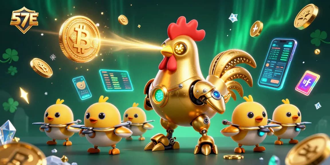 Experience thrilling gaming at 57E with a dynamic 3D illustration of a golden rooster robot and crypto elements.