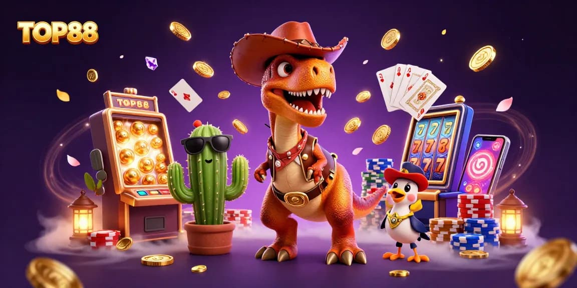 Experience thrilling games at TOP88 with vibrant characters and dynamic casino elements in a rich 3D illustration.