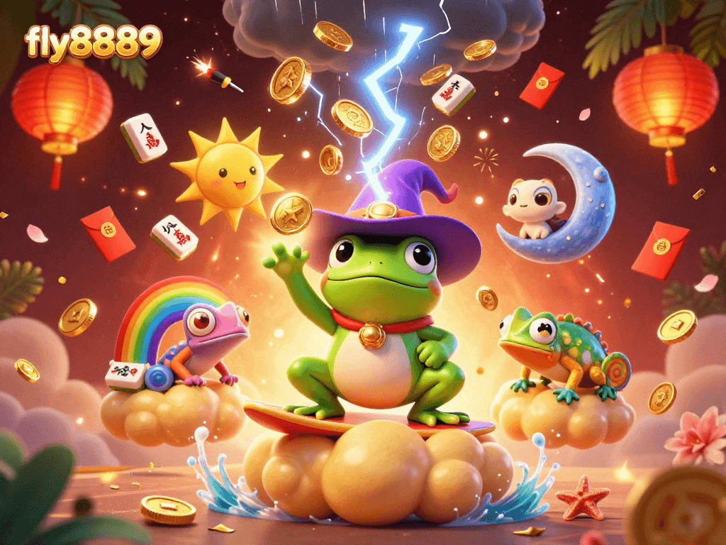 Engage with the enchanting world of fly8889 where golden coins rain from a wizard frog amidst vibrant casino elements.