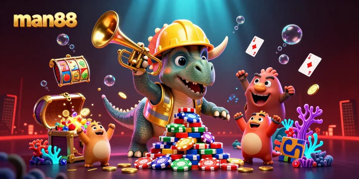 Engage in thrilling man88 gameplay with a vibrant casino scene featuring a triceratops and parasaurolophus.