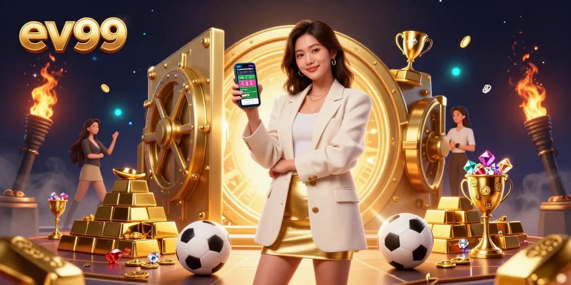 Bet and win at ev99 with a vibrant casino scene featuring gold treasures and sports elements.