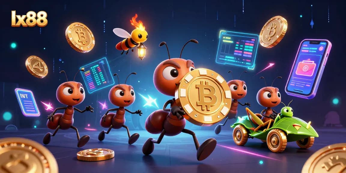 Experience thrilling adventures with lx88 as cartoon ants heist golden chips in a vibrant casino scene.