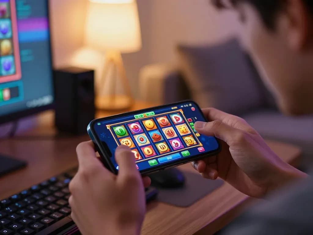 Engaged player enjoying MK8 online slots on smartphone, vibrant game graphics displayed.