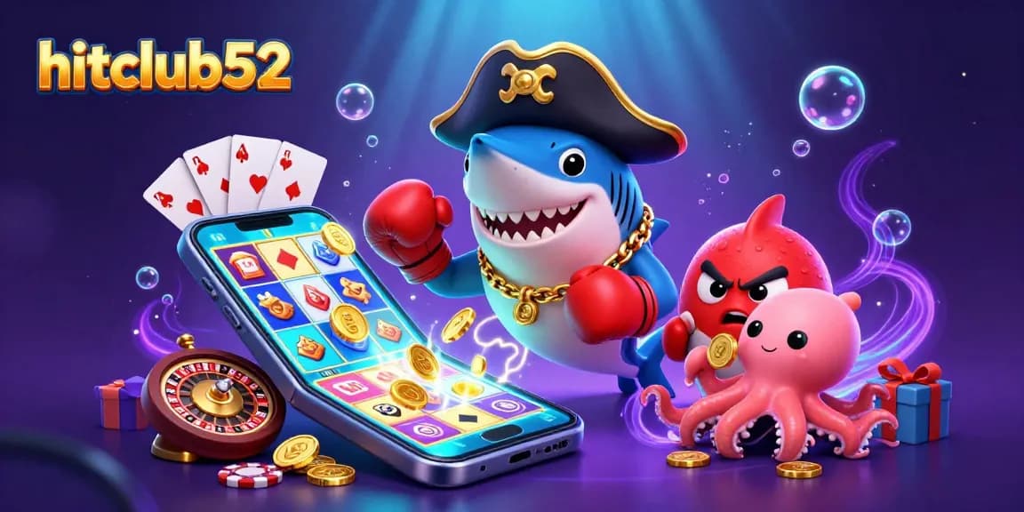 Experience the excitement of hitclub52 with animated characters and vibrant casino elements.