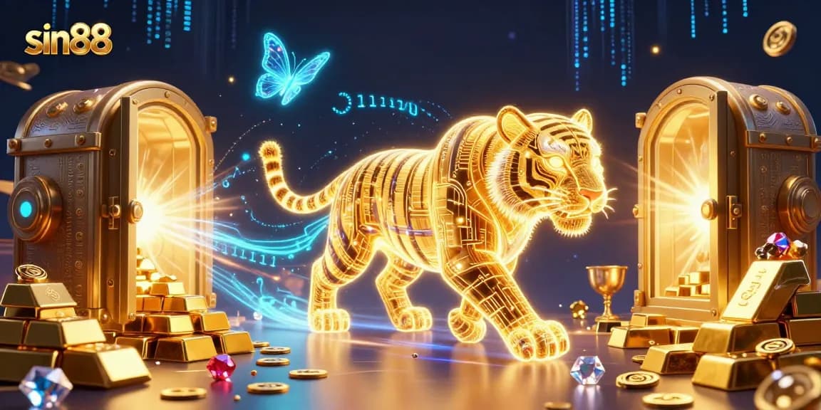 Experience thrilling gameplay at sin88 with a neon-wireframe tiger amid sparkling treasures in a digital casino.