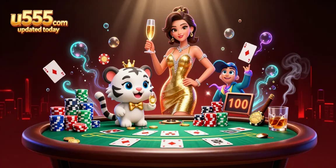 Experience u555com updated today with vibrant casino action, featuring a glamorous woman and a lucky tiger.