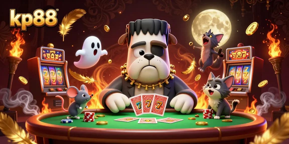kp88 offers exciting moments with cartoon characters in a colorful casino scene, showcasing thrilling gameplay.