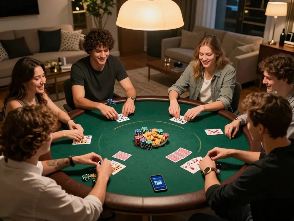 Friends enjoying a dynamic poker night with 75W app visible, enhancing social and strategic gambling experience.