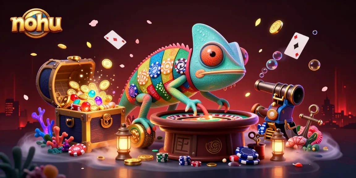 Engage with nohu's vibrant casino excitement as a chameleon owner captures golden coins.