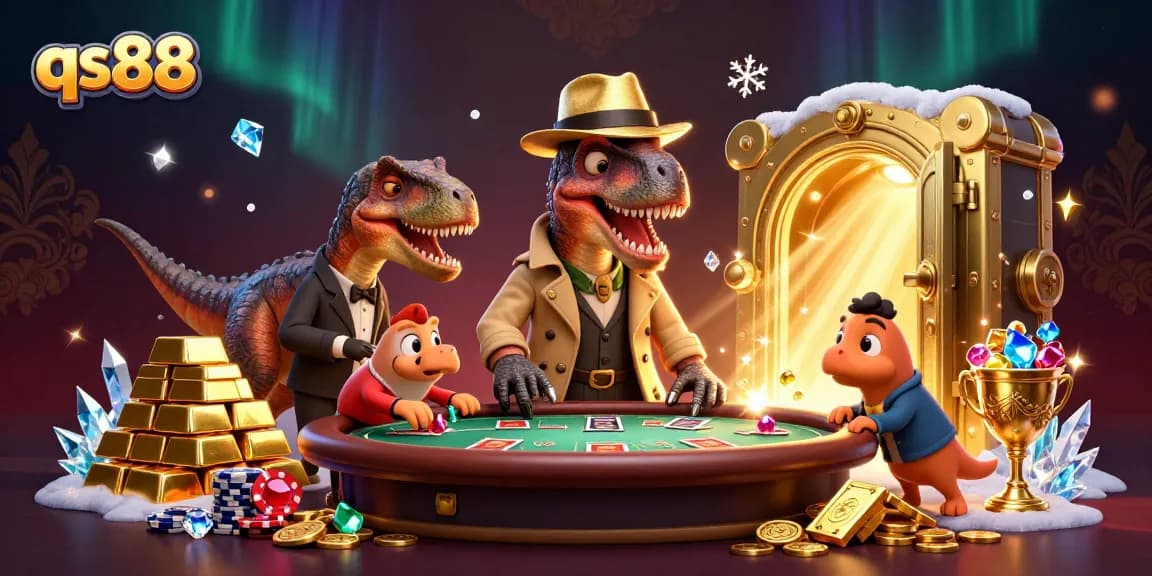 Experience thrilling gameplay at qs88 with sneaky cartoon velociraptors at a blackjack table.