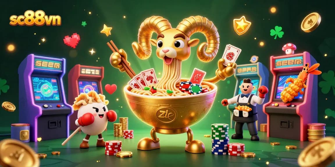 Experience gaming with sc88vn as a giant ramen bowl deals cards among vibrant casino visuals.