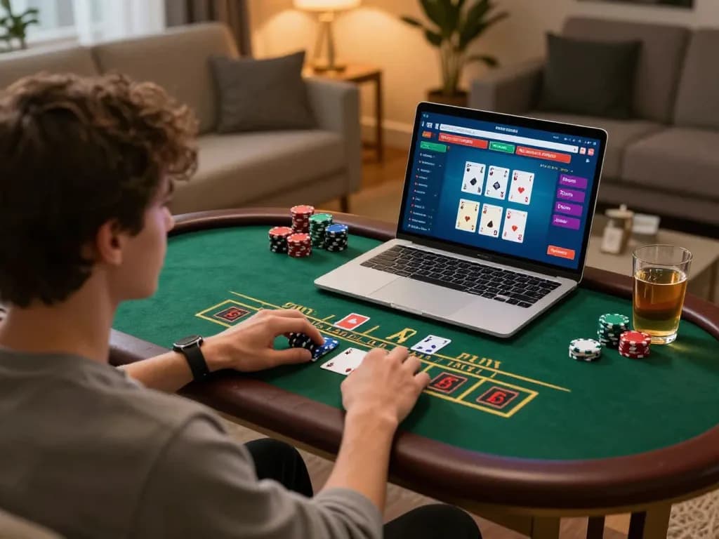Engaged player at their laptop exploring lc88 com for online casino games and strategies.