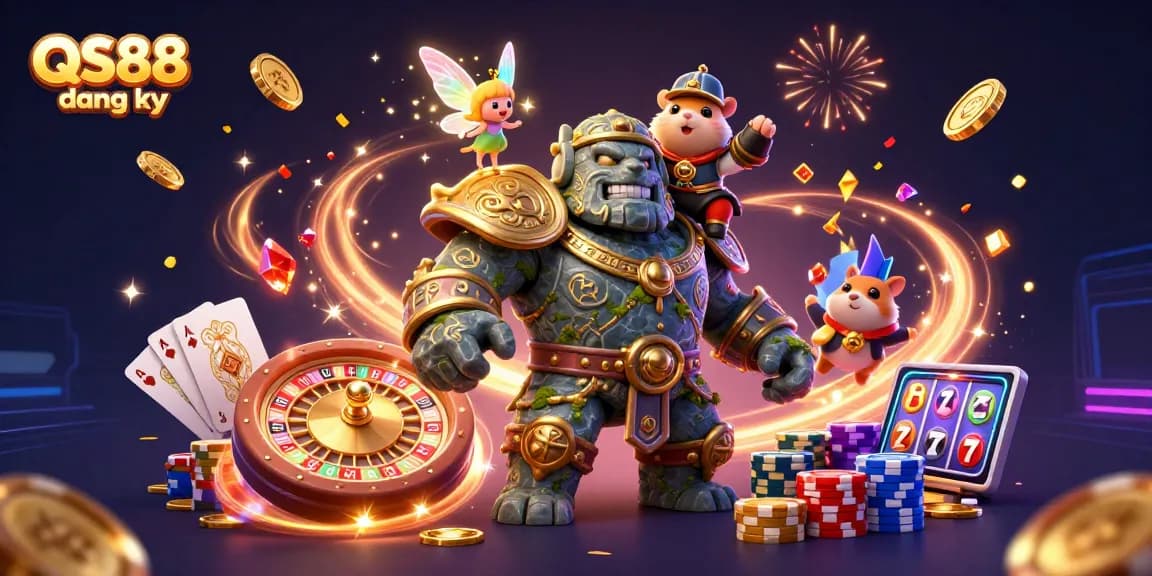 Playing exciting games at QS88 dang ky with golden coins and colorful chips flying around.