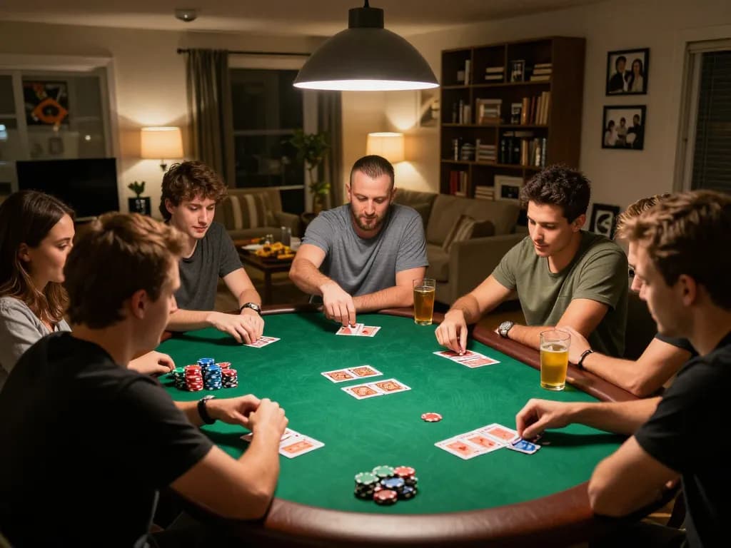 Friends enjoying a competitive poker night while playing with chips, revealing engagement and strategy at 888NEW.