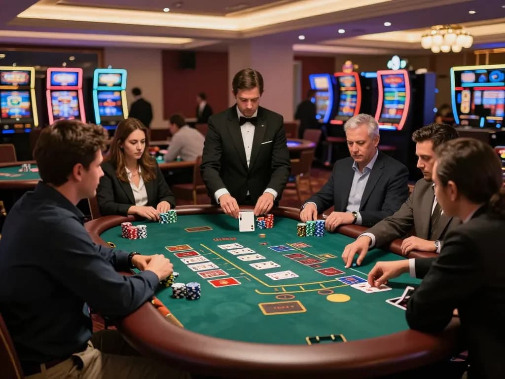 Players at a Go8 blackjack table making strategic moves under vibrant casino lights.