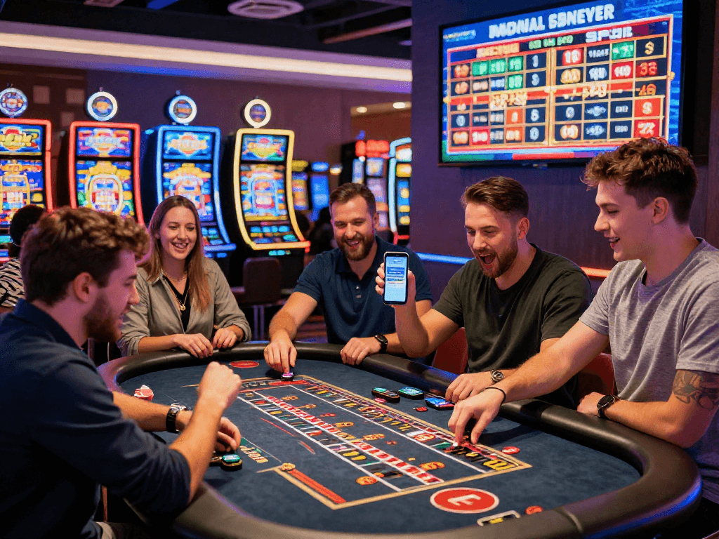 Jogadores se divertindo em um cassino da SPBET, animados com pagamentos via PIX e rodadas grátis.