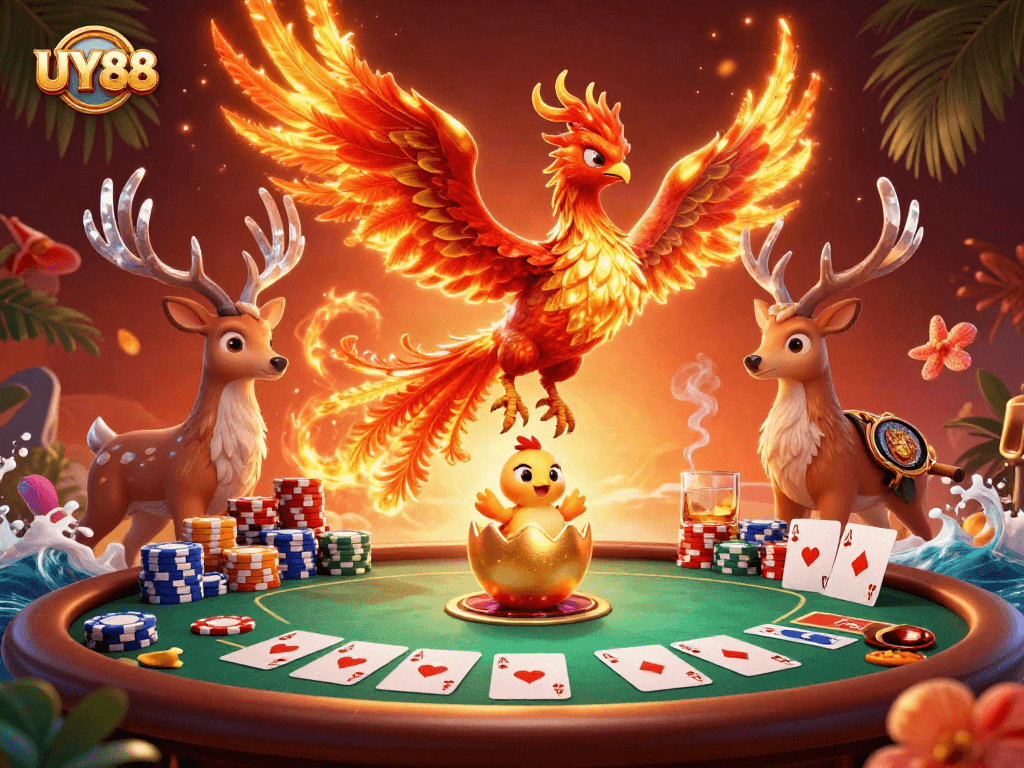 Experience thrilling poker action with UY88 in a vibrant 3D casino scene.