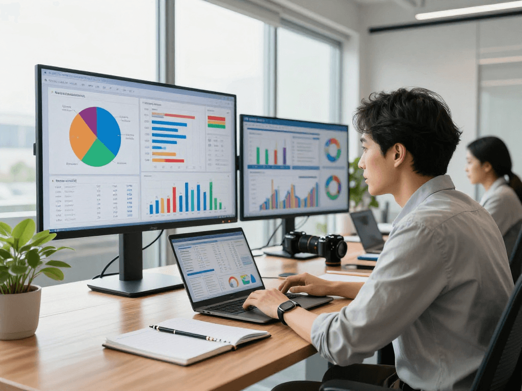 Consultor analisando dados multicanais em um escritório moderno com tela grande e gráficos coloridos.