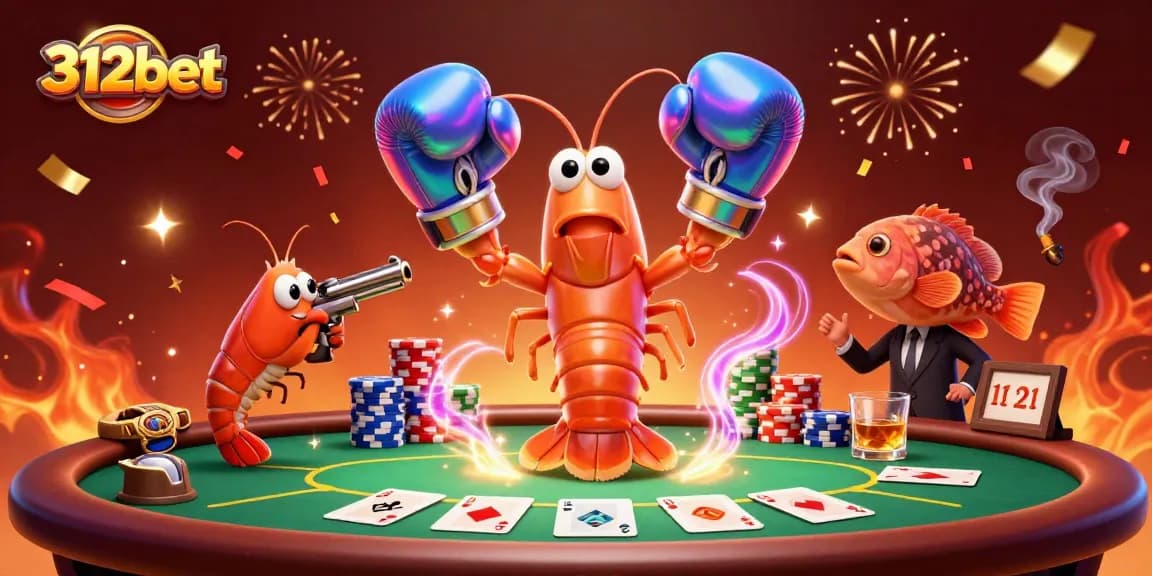 Engage with 312bet's vibrant casino scene featuring animated characters and dynamic poker elements.