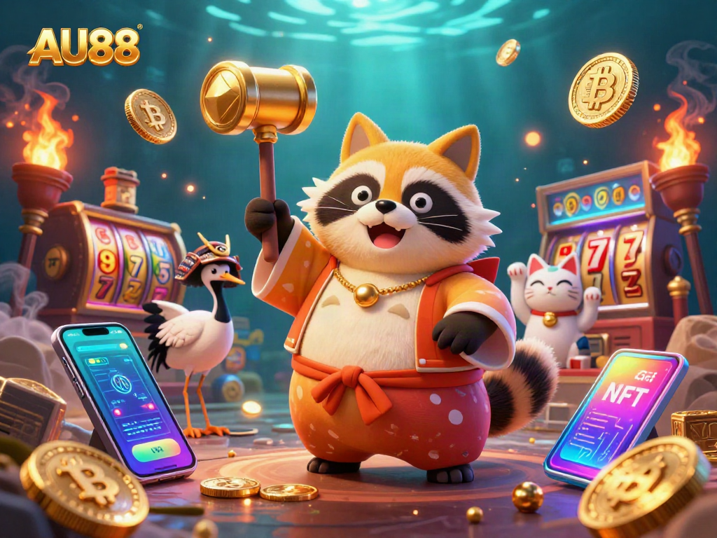 Engage with the exciting world of AU88, where cheerful tanuki and crypto-infused characters create a vibrant casino atmosphere.