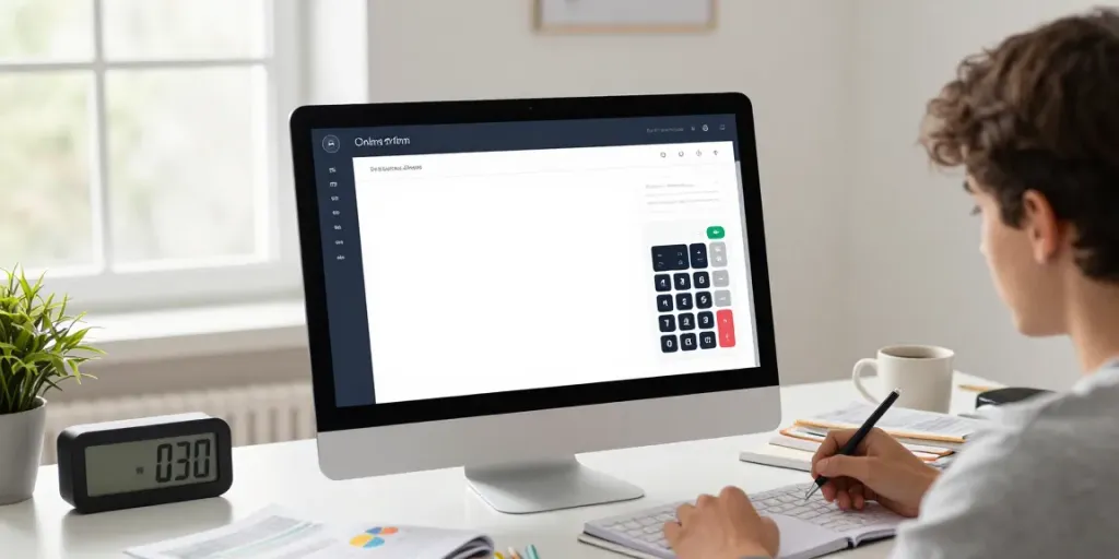 Calculadora científica online em uma interface moderna, com estudante concentrado em cálculos.