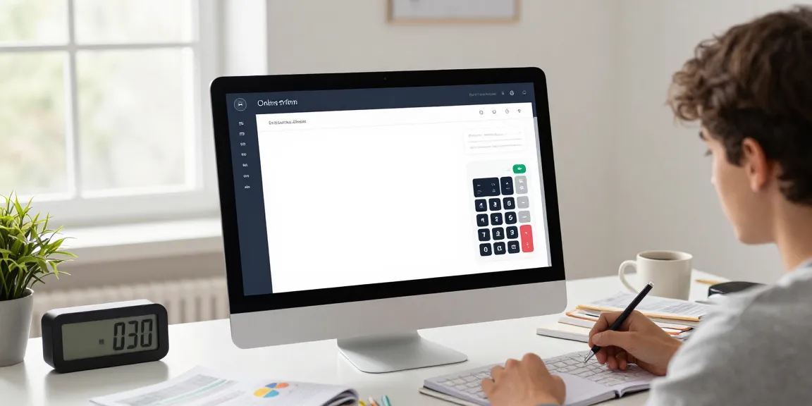 Calculadora científica online em uma interface moderna, com estudante concentrado em cálculos.