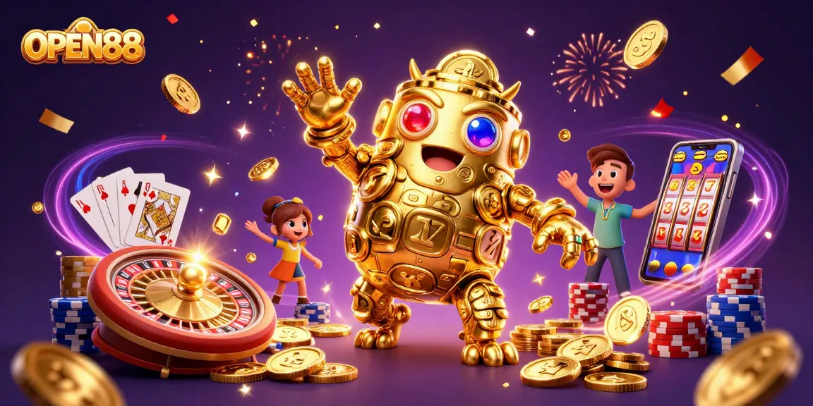 Experience the excitement of OPEN88 with a golden golem surrounded by casino treasures.